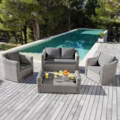 Salotto da giardino in resina intrecciata 4 posti 4 pezzi Calvi Grigio e grigio scuro