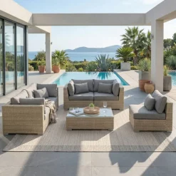 Salotto da giardino in resina intrecciata 5 posti 6 pezzi Palma Grigio e antracite