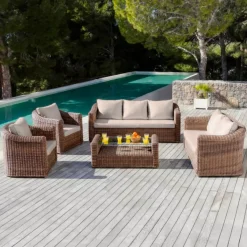 Salotto da giardino in resina intrecciata 7 posti 5 pezzi Calvi Seppia e tortora
