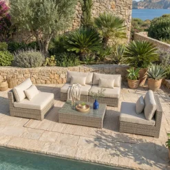 Salotto da giardino in resina intrecciata 4 posti 4 pezzi Palma Grigio e beige