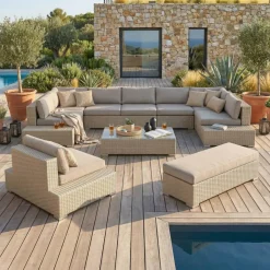 Salotto da giardino in resina intrecciata 9 posti 9 pezzi Palma Grigio e tortora