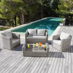 Salotto da giardino in resina intrecciata 4 posti 4 pezzi Calvi Grigio e grigio chiaro