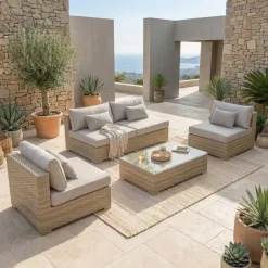 Salotto da giardino in resina intrecciata 4 posti 4 pezzi Palma Grigio e tortora