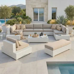 Salotto da giardino in resina intrecciata 9 posti 9 pezzi Palma Bianco e tortora