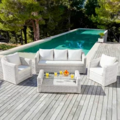 Salotto da giardino in resina intrecciata 5 posti 4 pezzi Calvi Bianco