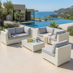 Salotto da giardino in resina intrecciata 5 posti 6 pezzi Palma Bianco e grigio
