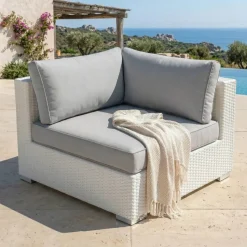 Salotto da giardino in resina intrecciata 5 posti 6 pezzi Palma Bianco e grigio