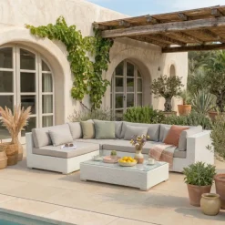Salotto da giardino in resina intrecciata 4 posti 5 pezzi Palma Bianco e tortora