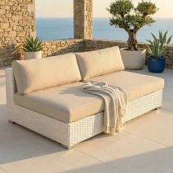Salotto da giardino in resina intrecciata 4 posti 4 pezzi Palma Bianco e beige