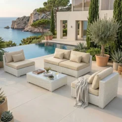 Salotto da giardino in resina intrecciata 4 posti 4 pezzi Palma Bianco e beige