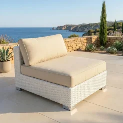 Salotto da giardino in resina intrecciata 4 posti 4 pezzi Palma Bianco e beige