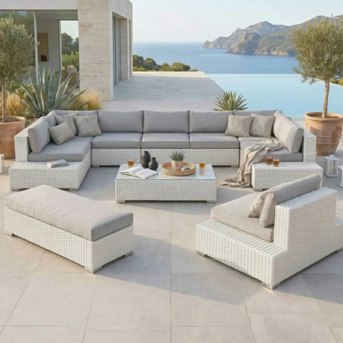 Salotto da giardino in resina intrecciata 9 posti 9 pezzi Palma Bianco e grigio