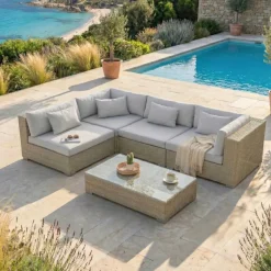 Salotto da giardino in resina intrecciata 4 posti 5 pezzi Palma Grigio