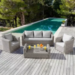Salotto da giardino in resina intrecciata 5 posti 4 pezzi Calvi Grigio e grigio chiaro