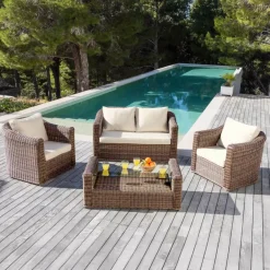 Salotto da giardino in resina intrecciata 4 posti 4 pezzi Calvi Seppia e beige
