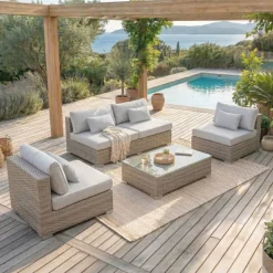 Salotto da giardino in resina intrecciata 4 posti 4 pezzi Palma Grigio
