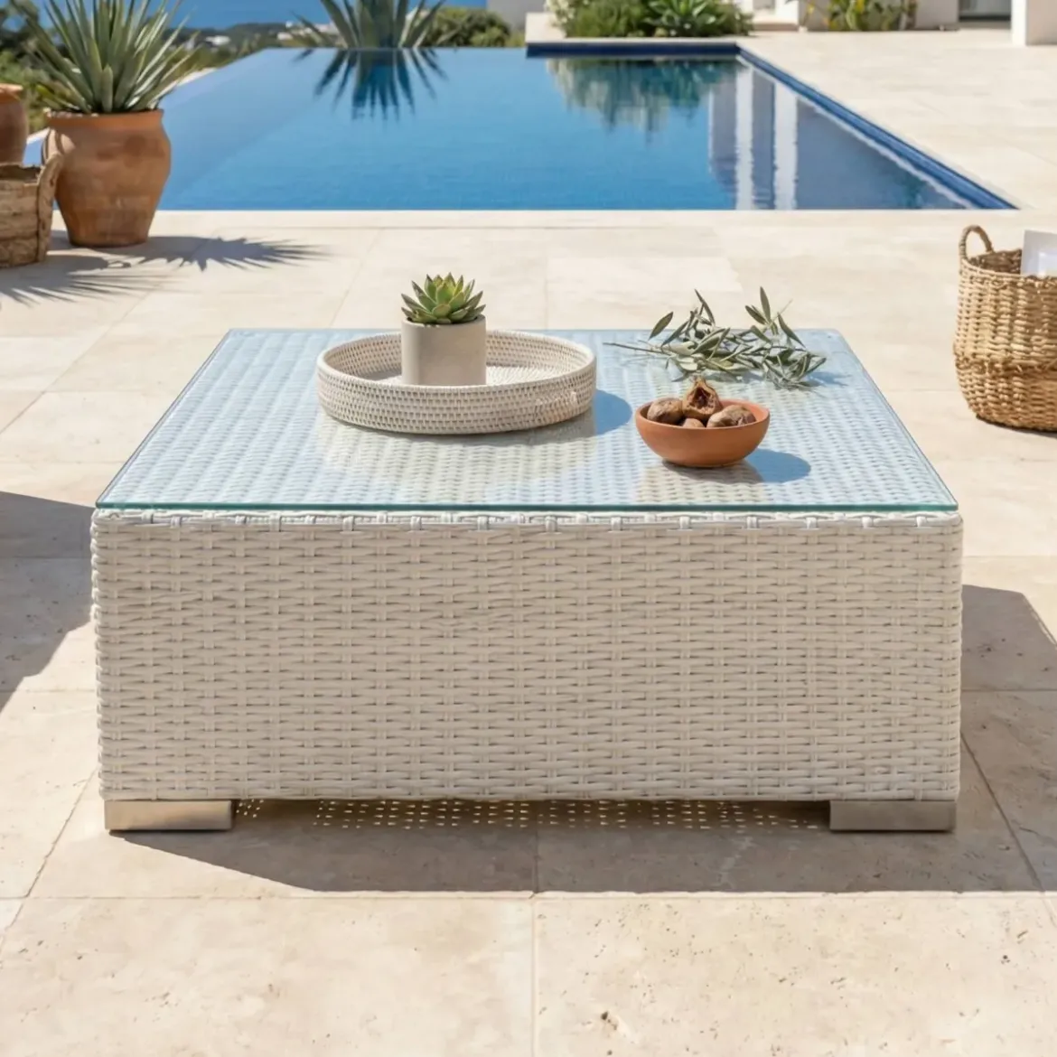 Salotto da giardino in resina intrecciata 2 posti 3 pezzi Palma Bianco e grigio