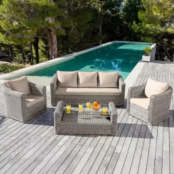 Salotto da giardino in resina intrecciata 5 posti 4 pezzi Calvi Grigio e tortora