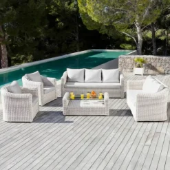 Salotto da giardino in resina intrecciata 7 posti 5 pezzi Calvi Bianco
