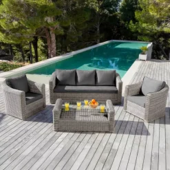 Salotto da giardino in resina intrecciata 5 posti 4 pezzi Calvi Grigio e grigio scuro