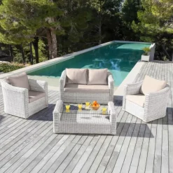 Salotto da giardino in resina intrecciata 4 posti 4 pezzi Calvi Bianco e tortora