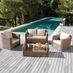 Salotto da giardino in resina intrecciata 4 posti 4 pezzi Calvi Seppia e tortora
