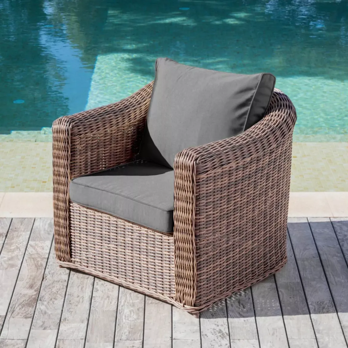 Salotto da giardino in resina intrecciata 7 posti 5 pezzi Calvi Seppia e grigio scuro