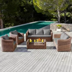 Salotto da giardino in resina intrecciata 7 posti 5 pezzi Calvi Seppia e grigio scuro