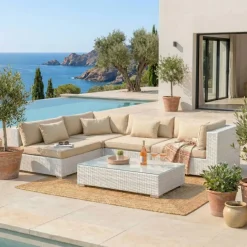 Salotto da giardino in resina intrecciata 4 posti 5 pezzi Palma Bianco e beige