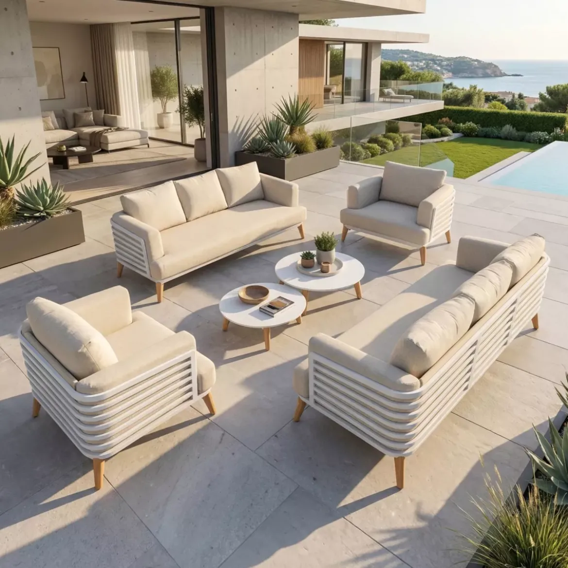 Salotto da giardino alluminio 8 posti 6 pezzi Monte Carlo Bianco e beige