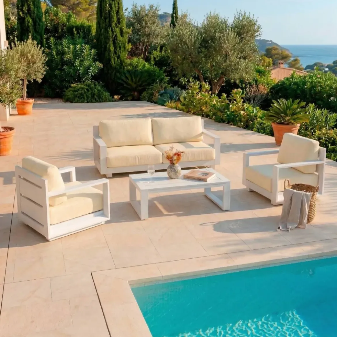 Salotto da giardino alluminio 4 posti 4 pezzi Elba Bianco e beige