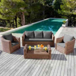 Salotto da giardino in resina intrecciata 5 posti 4 pezzi Calvi Seppia e grigio scuro