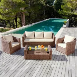 Salotto da giardino in resina intrecciata 5 posti 4 pezzi Calvi Seppia e beige