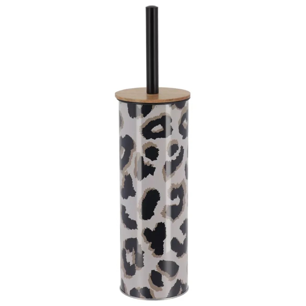 Scopino per WC con coperchio in metallo e acacia leopardata Serengeti Nero