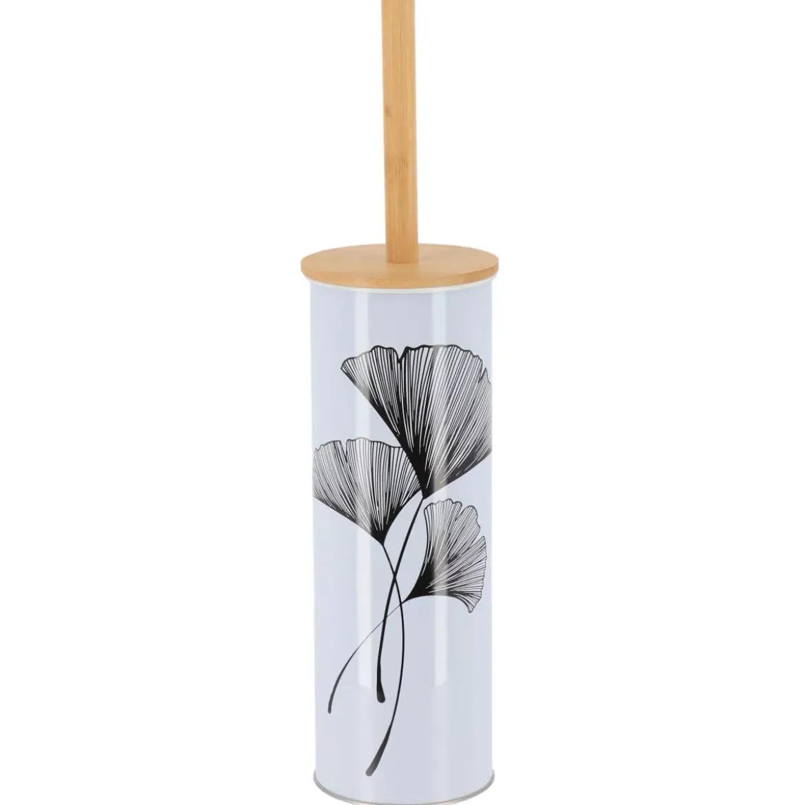 Scopino per WC con coperchio in metallo e bambù Zen Gingko Bianco