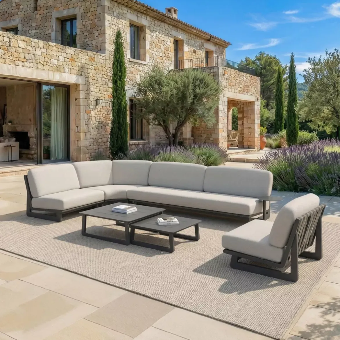 Set angolare da giardino in alluminio 6 posti 6 pezzi Long Beach Antracite e grigio chiaro