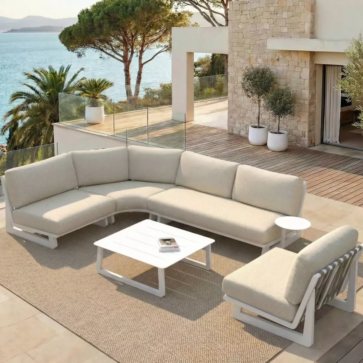 Set angolare da giardino in alluminio 5 posti 5 pezzi Long Beach Bianco cenere e beige