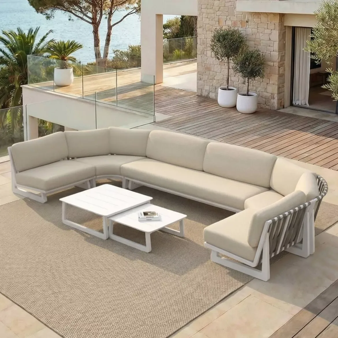 Set angolare da giardino in alluminio 7 posti 7 pezzi Long Beach Bianco cenere e beige