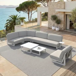 Set angolare da giardino in alluminio 6 posti 6 pezzi Long Beach Bianco cenere e grigio chiaro