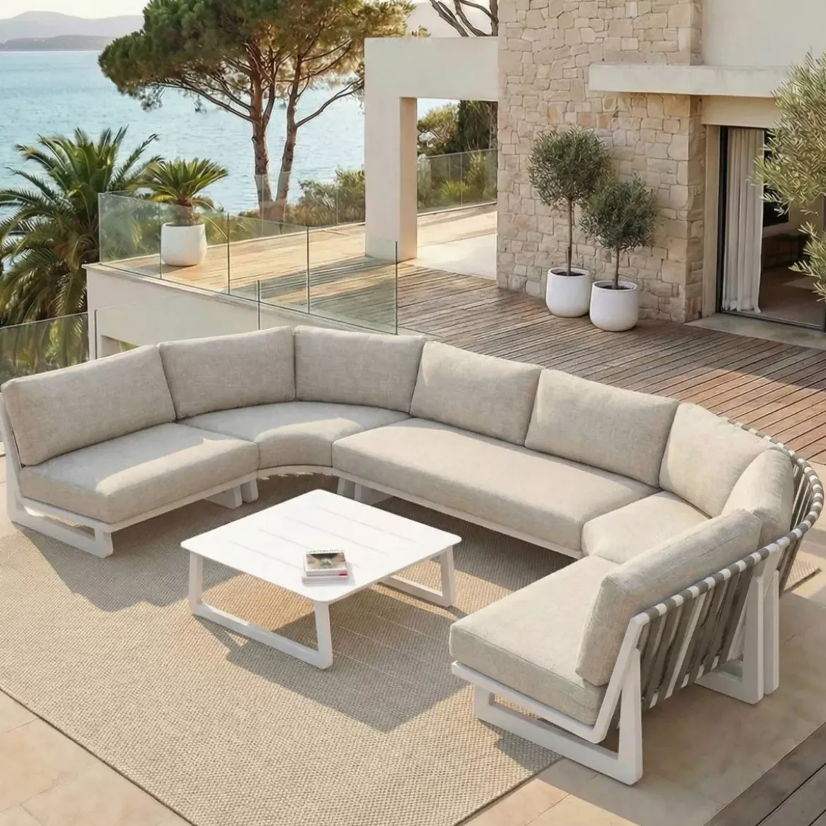 Set angolare da giardino in alluminio 6 posti Long Beach Bianco cenere e tortora
