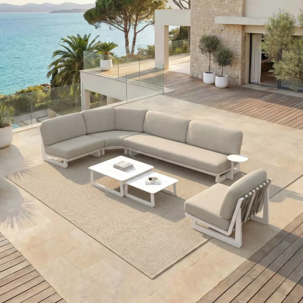 Set angolare da giardino in alluminio 6 posti 6 pezzi Long Beach Bianco cenere e tortora