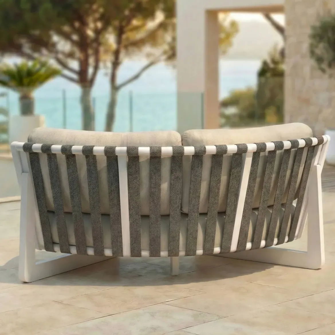 Set angolare da giardino in alluminio 5 posti Long Beach Bianco cenere e beige