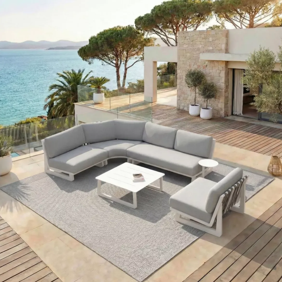 Set angolare da giardino in alluminio 5 posti 5 pezzi Long Beach Bianco cenere e grigio chiaro