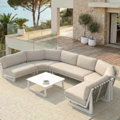 Set angolare da giardino in alluminio 6 posti Long Beach Bianco cenere e beige