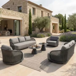 Set da giardino effetto rattan e alluminio 8 posti 6 pezzi Riviera Grigio antracite