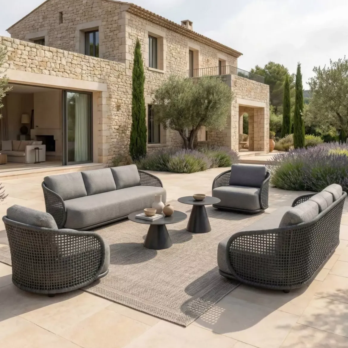 Set da giardino effetto rattan e alluminio 8 posti 6 pezzi Riviera Grigio antracite