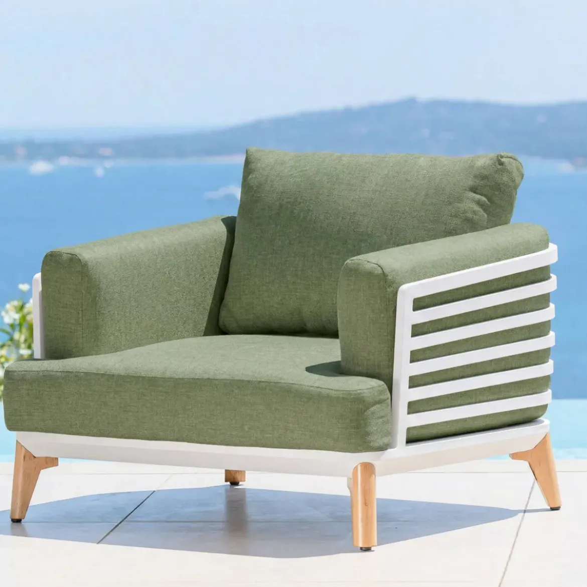 Set da giardino in alluminio 8 posti 6 pezzi Monte Carlo Bianco e verde rosmarino