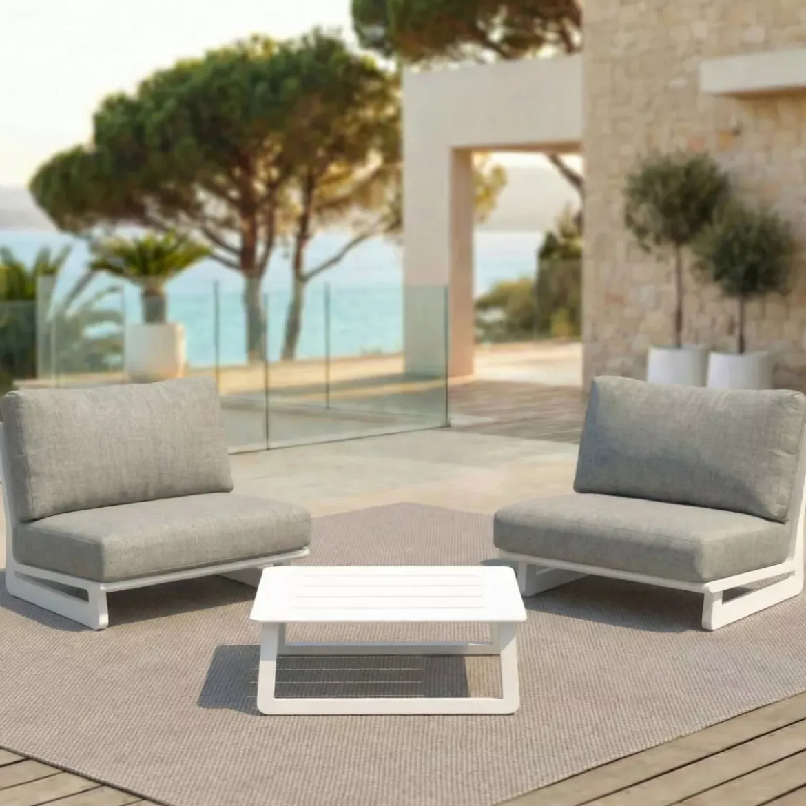 Set da giardino in alluminio 2 posti 3 pezzi Long Beach Bianco cenere e beige