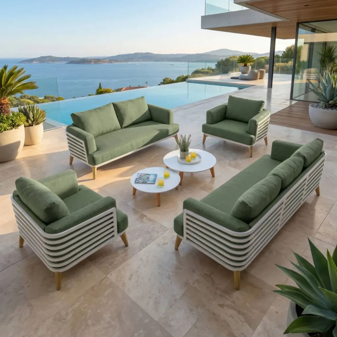 Set da giardino in alluminio 7 posti 6 pezzi Monte Carlo Bianco e verde rosmarino