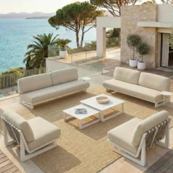 Set da giardino in alluminio 8 posti 6 pezzi Long Beach Bianco cenere e beige